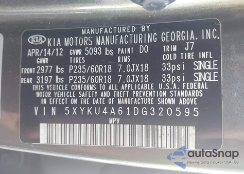 2013 Kia Sorento Ex from USA, damaged, VIN 5XYKU4A61DG320595